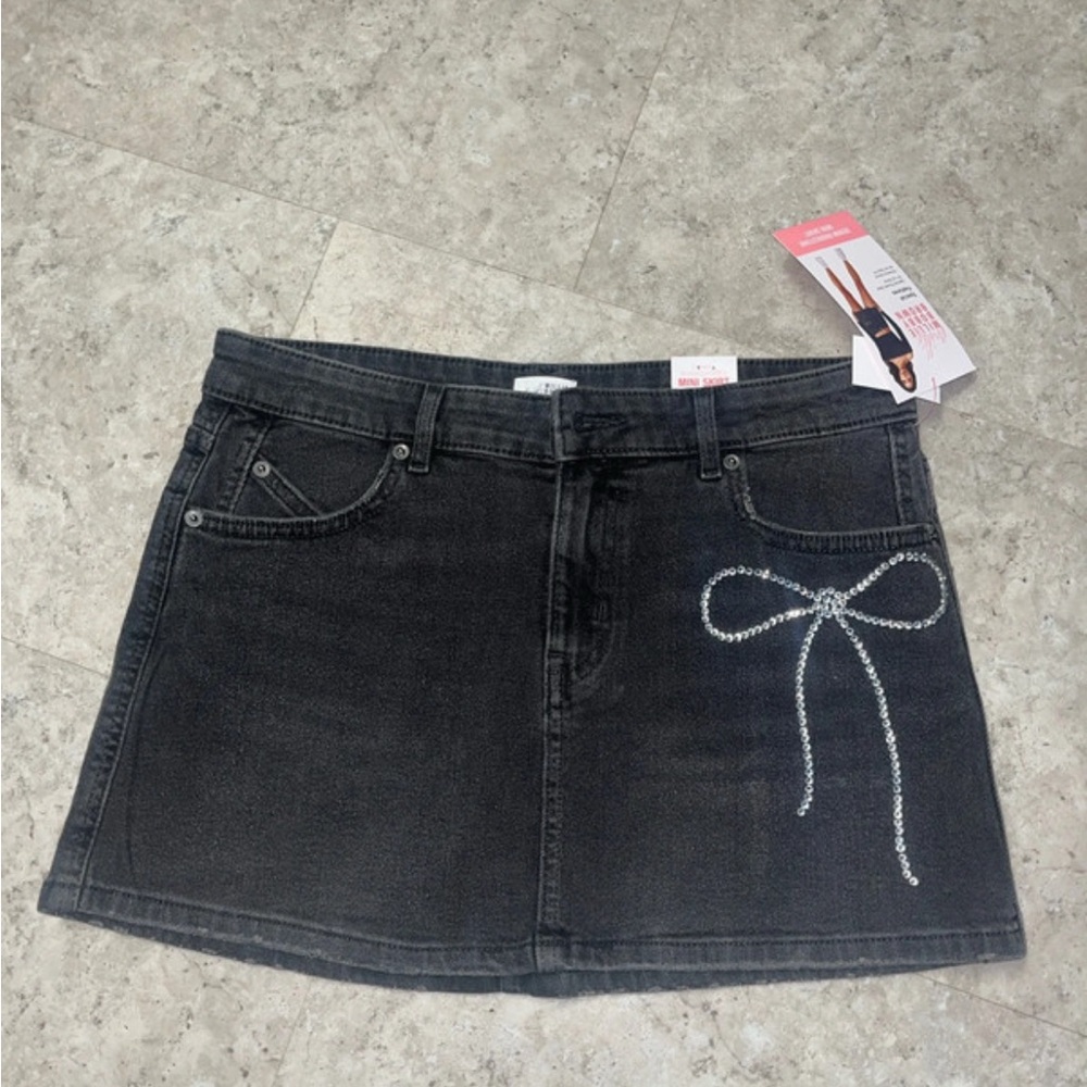 Black Denim Mini Skirt with Rhinestone Bow